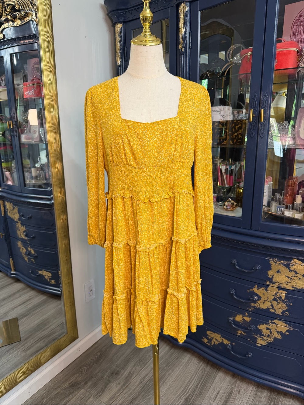 Pink Lily Quincy Yellow Floral Smocked Mini Dress Size L